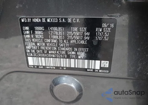 2017 Honda Hr-V Lx из США, поврежденный, VIN 3CZRU6H38HM702678